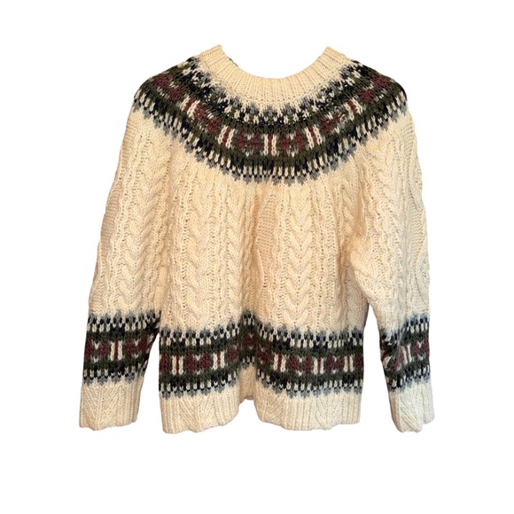 Zara Sweaters - Zara Fair Isle Cable Knit Wool Blend Sweater Womens S Cream Green Burgundy
